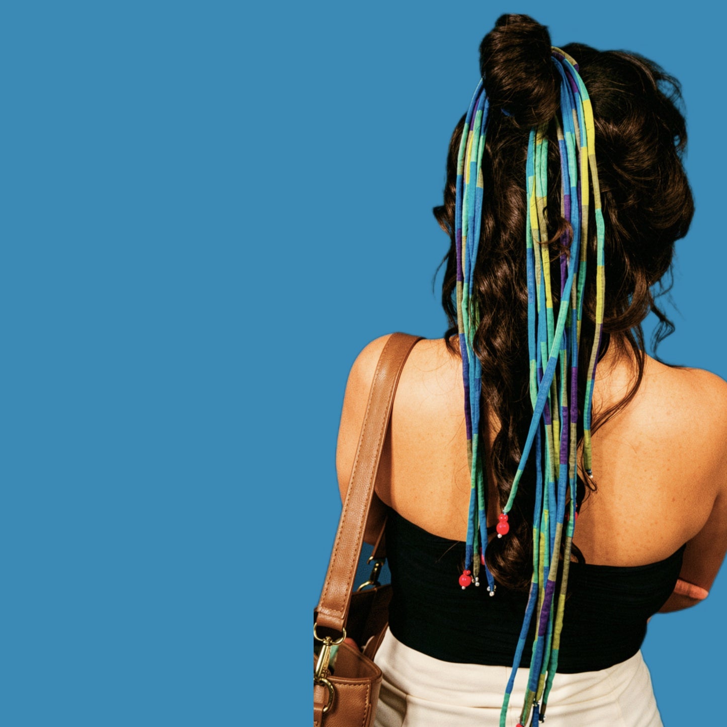 Green Blue checkered Hair strings 21 inch with rubber band