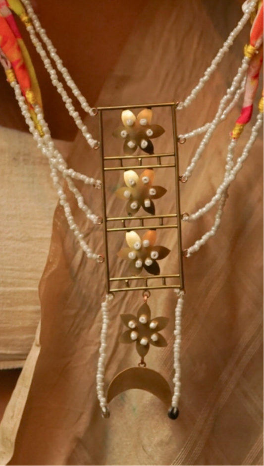 Brass Flower layered striped necklace