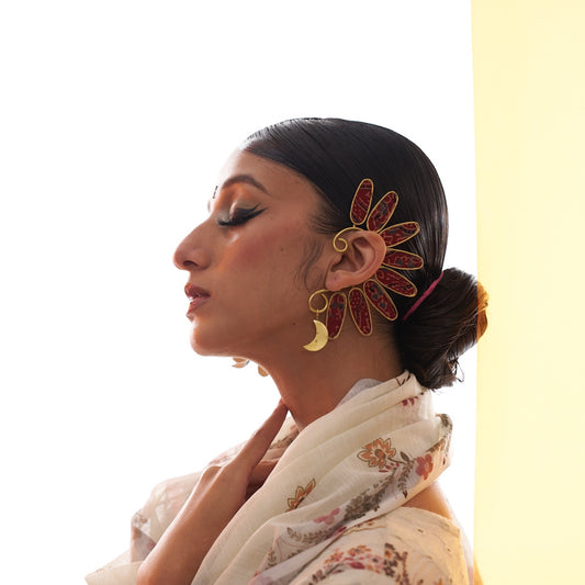 MACAW - Ajrakh maroon & brass gold earcuff