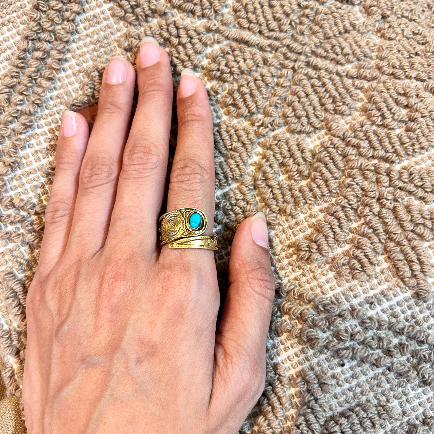 Brass turquioise green spiral ring