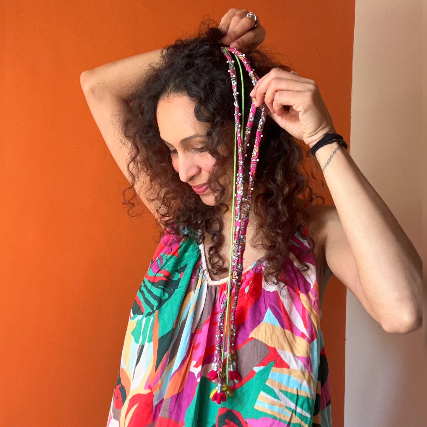 Beaded Looms Clip ins - pink printed with green beads 21 inch