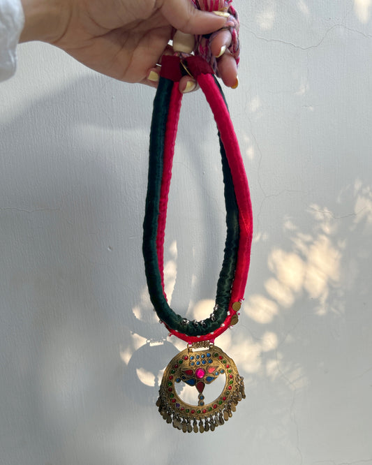 Afghan statement round necklace - Green Pink cord