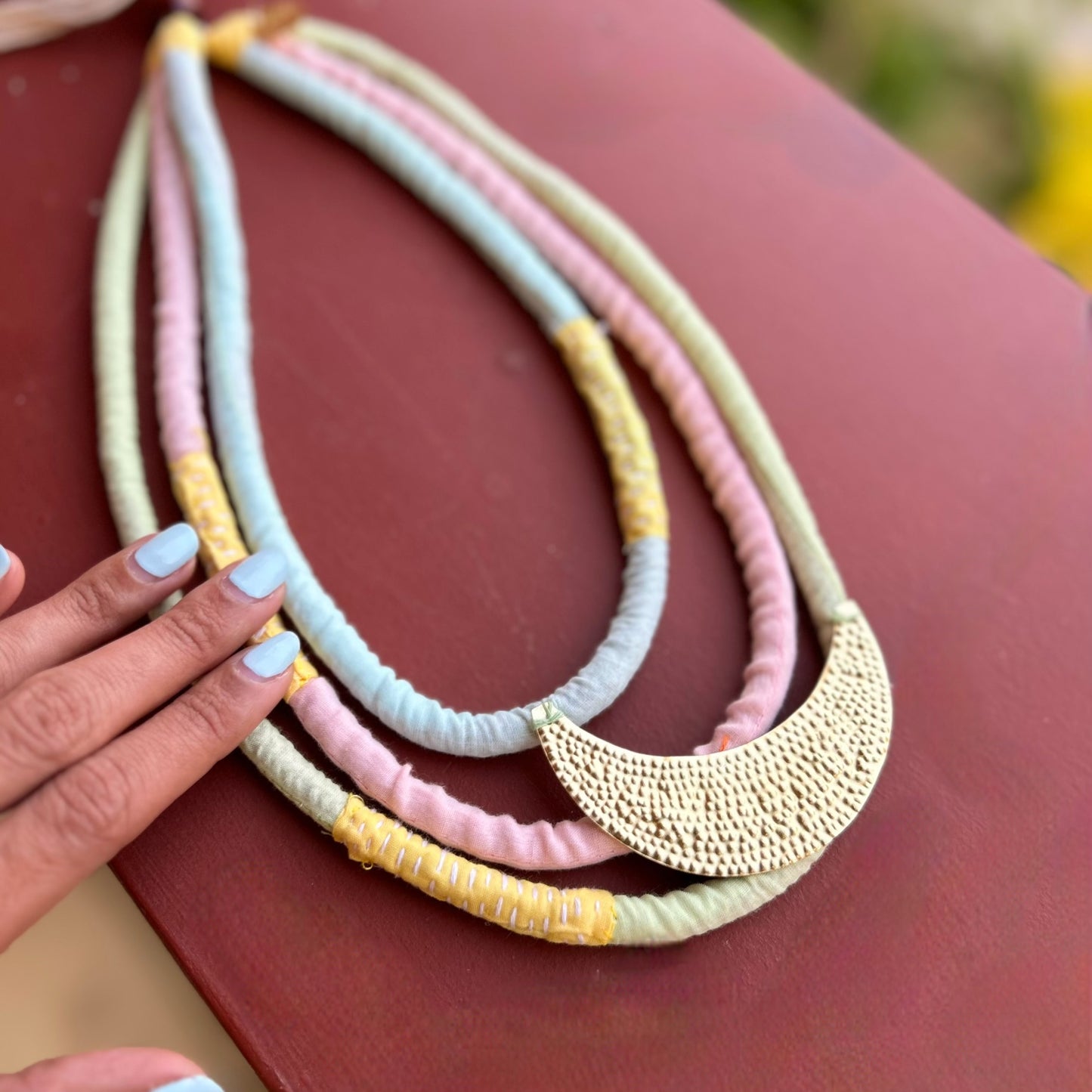 Three layered brass moon pastel necklace