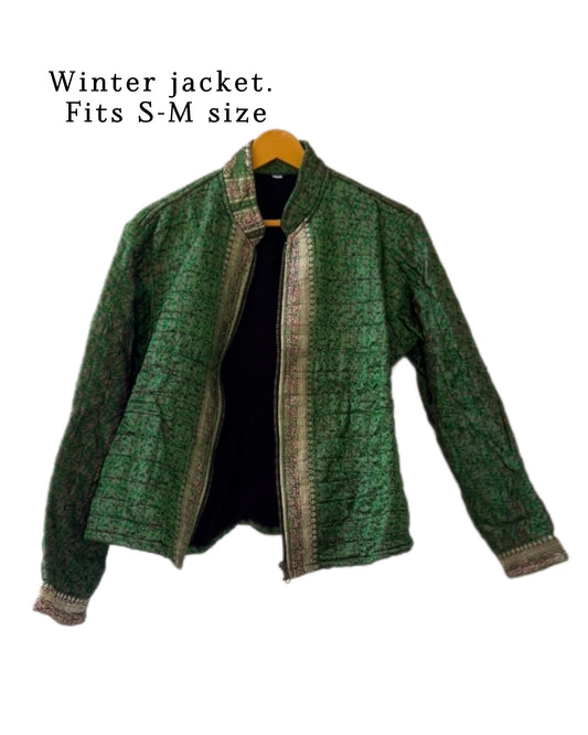 Green with intricate detailing winter old saree jacket