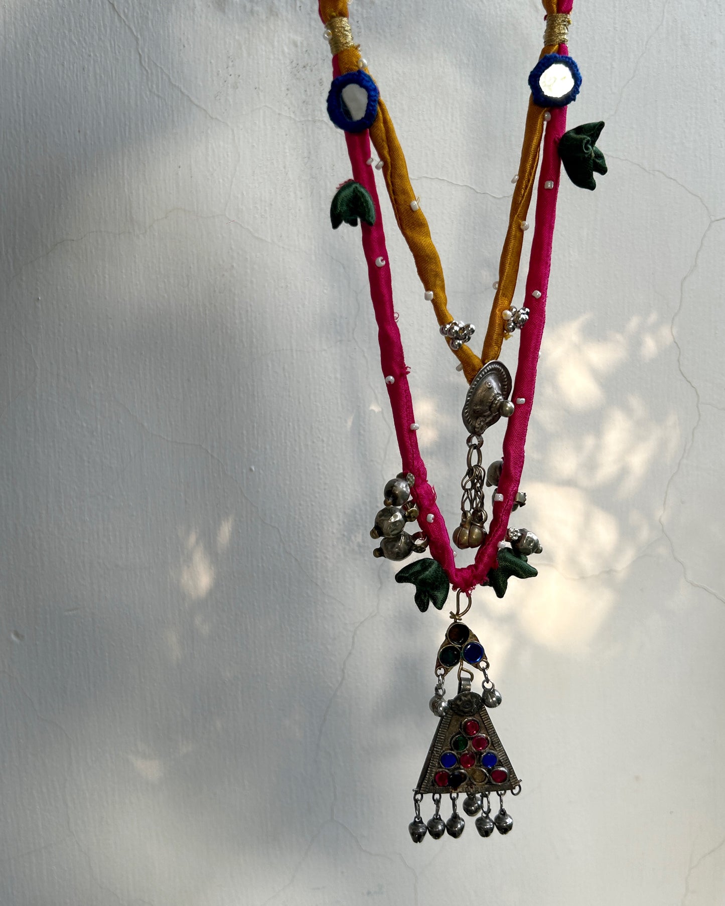 Afghan necklace - Pink & Yellow layer cord