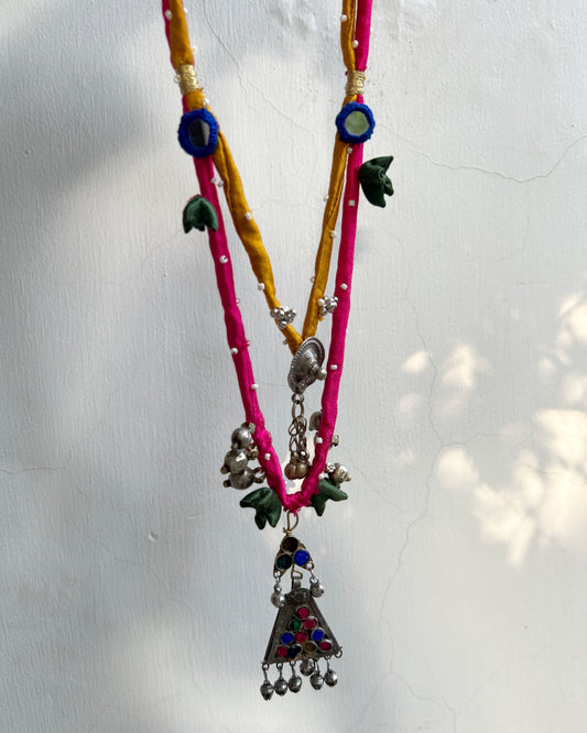 Afghan necklace - Pink & Yellow layer cord