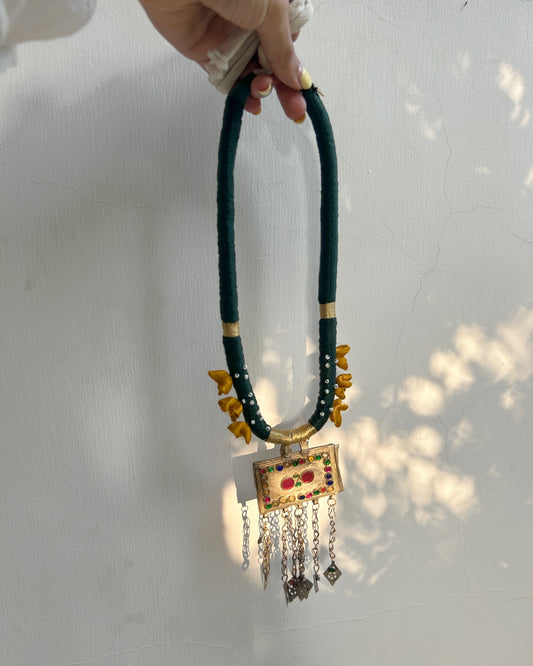 Square Afghan statement necklace - Green cord