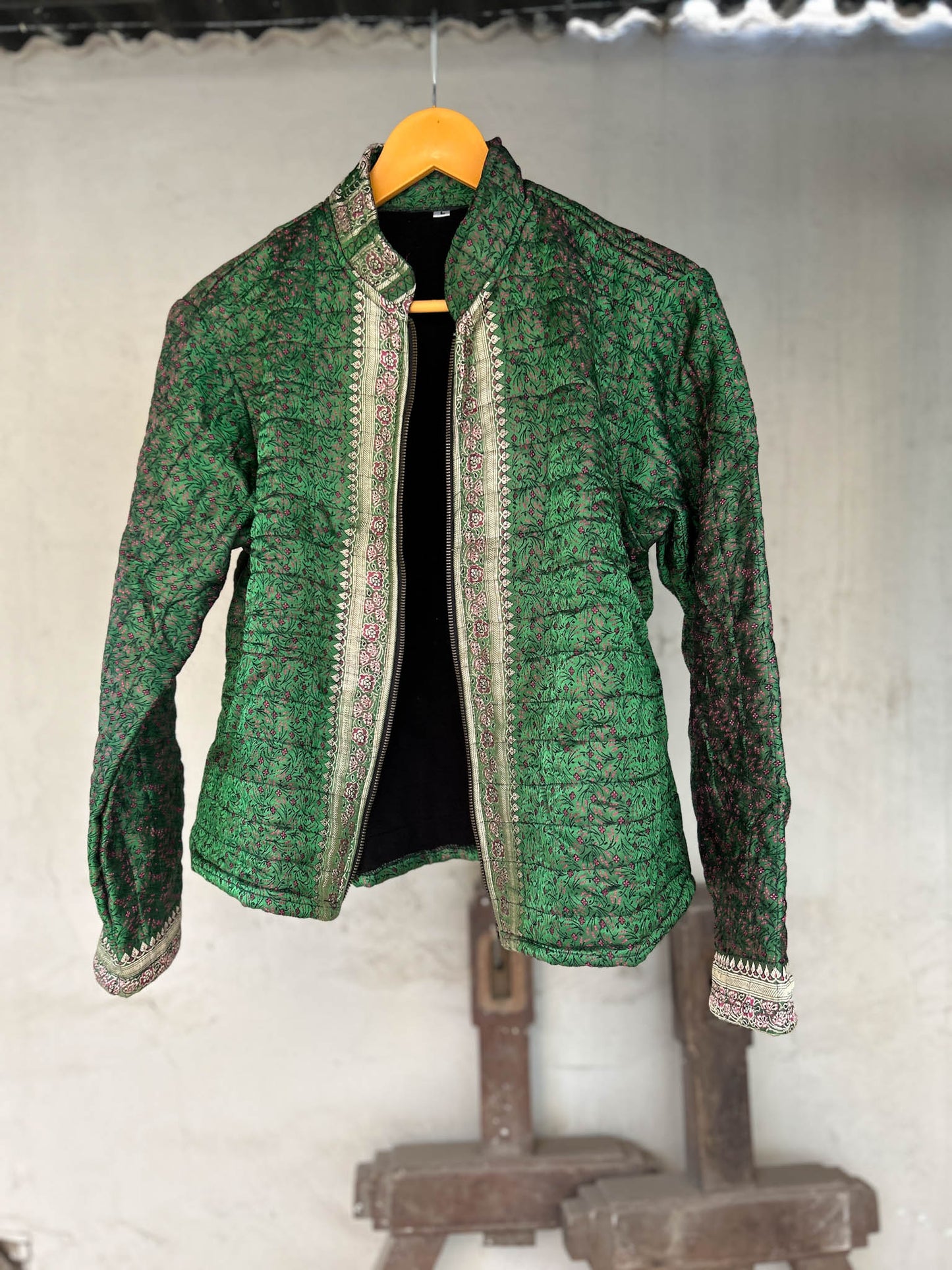 Green with intricate detailing winter old saree jacket