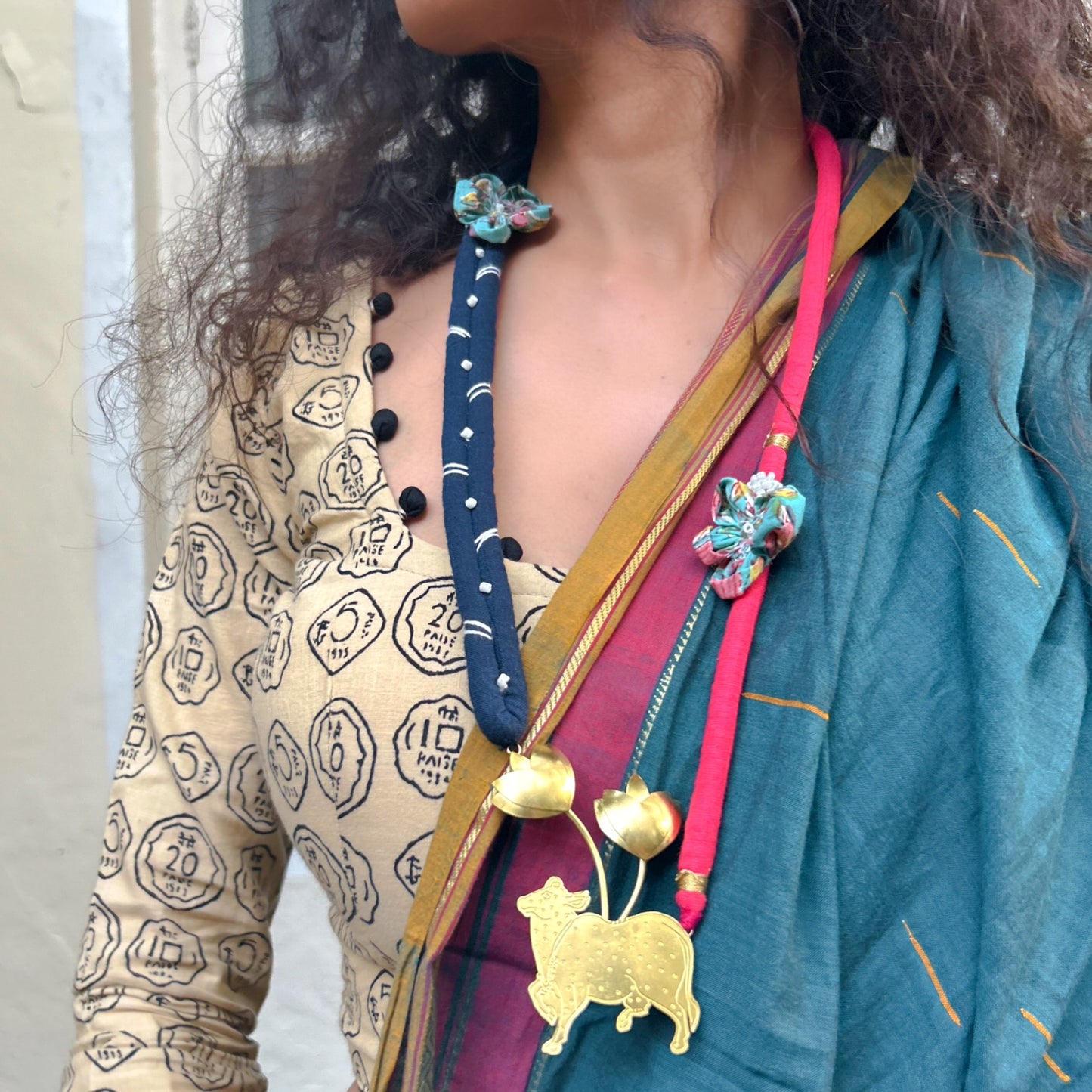 Pichwai inspired brass textile necklace