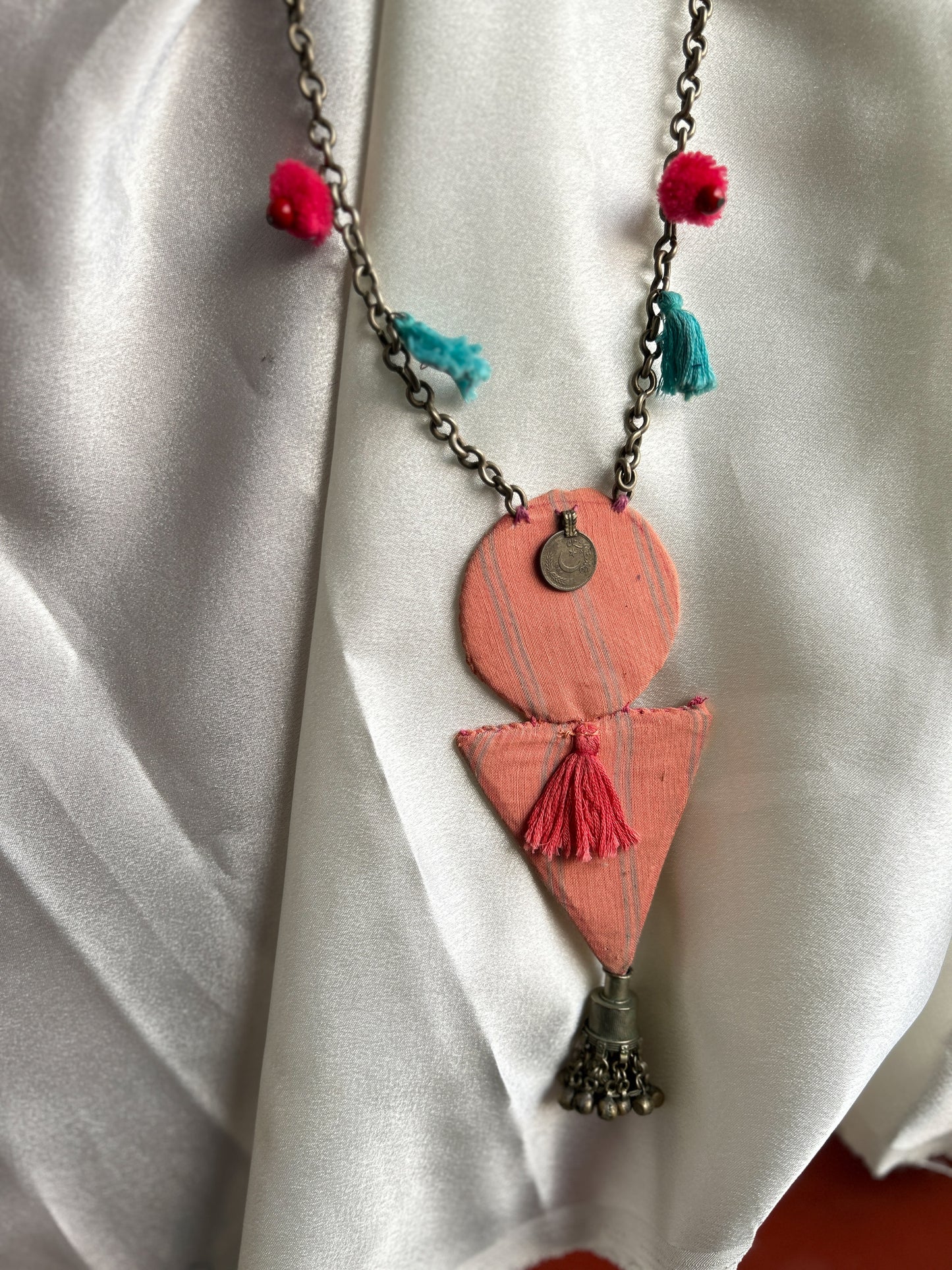 Aakar orange blush pink & turquoise tassle necklace