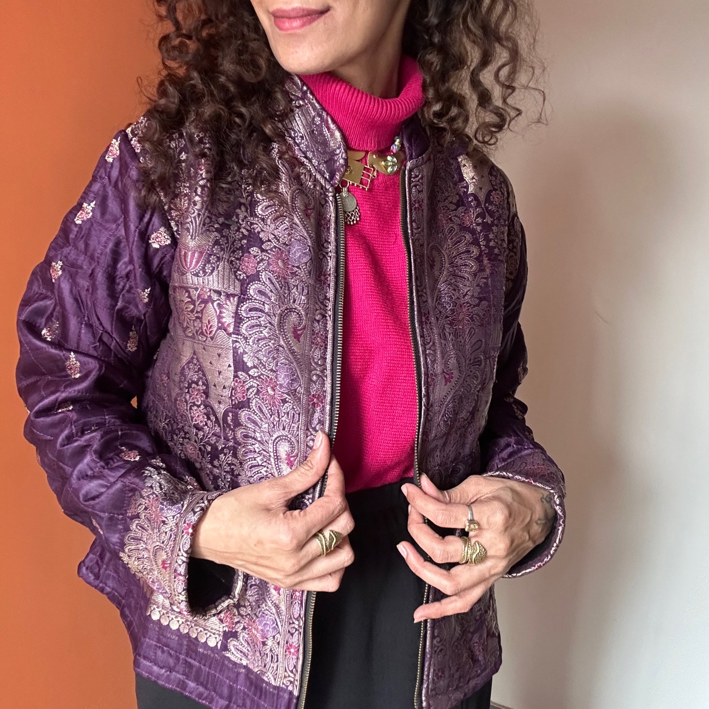 Purple winter old saree jacket