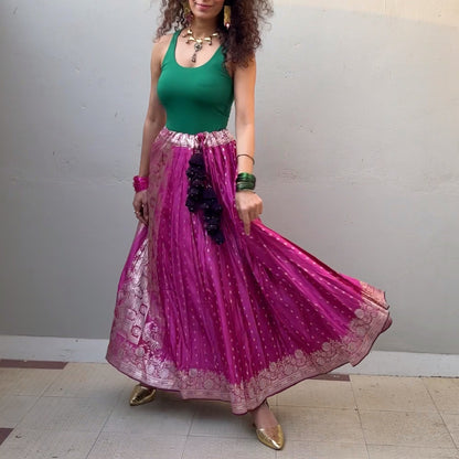 Pink & silver old saree skirt 2