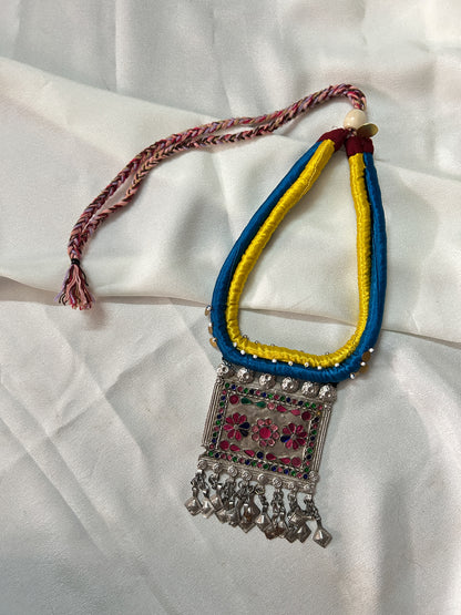 Afghan statement necklace - Yellow blue