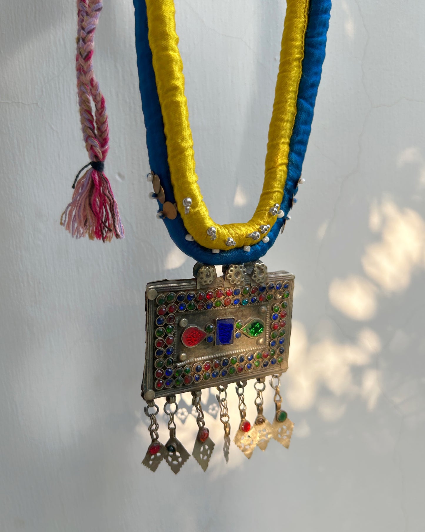 Afghan statement square necklace - Blue yellow cord