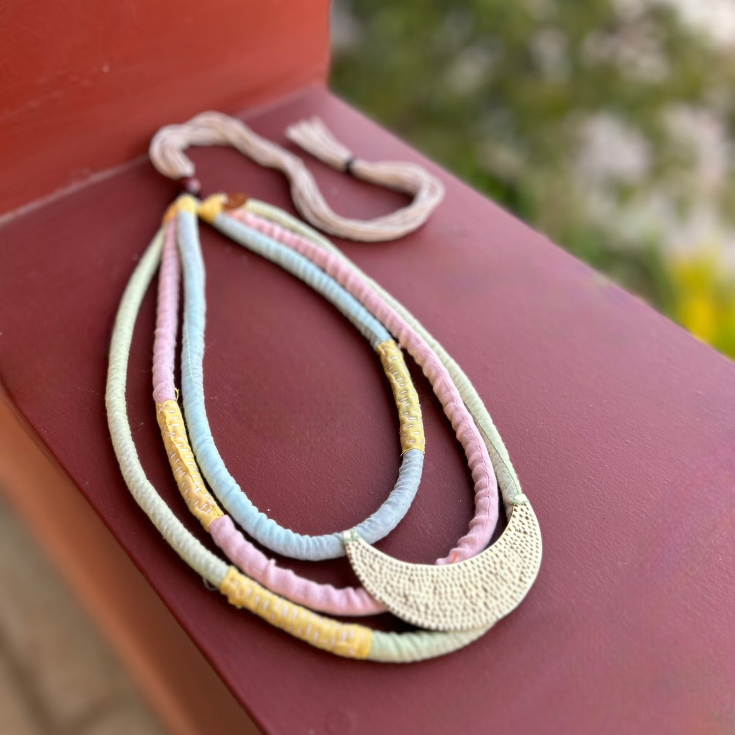 Three layered brass moon pastel necklace