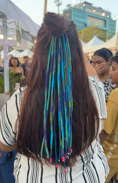 Green Blue checkered Hair strings 21 inch with rubber band