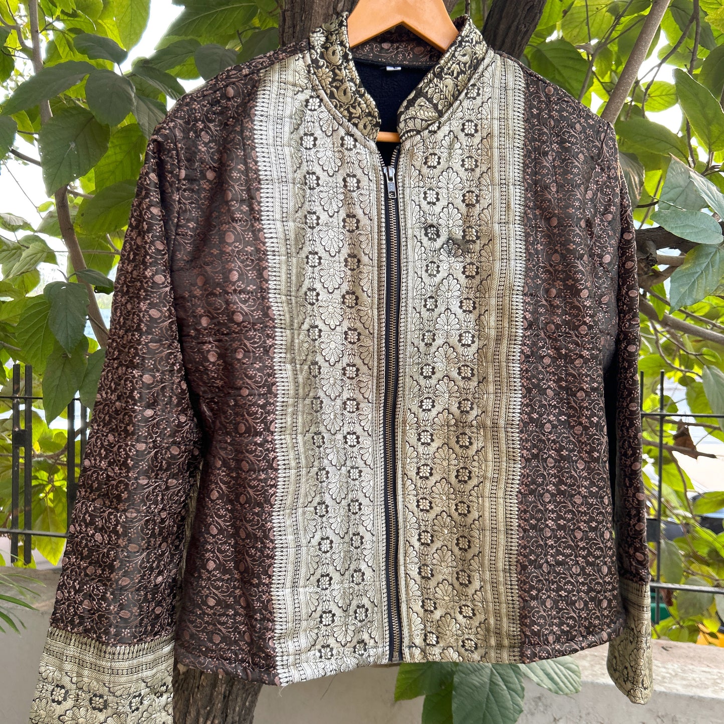 Brown gold winter old saree jacket