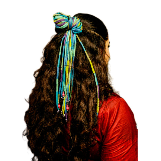 Green Blue checkered Hair strings 21 inch with rubber band