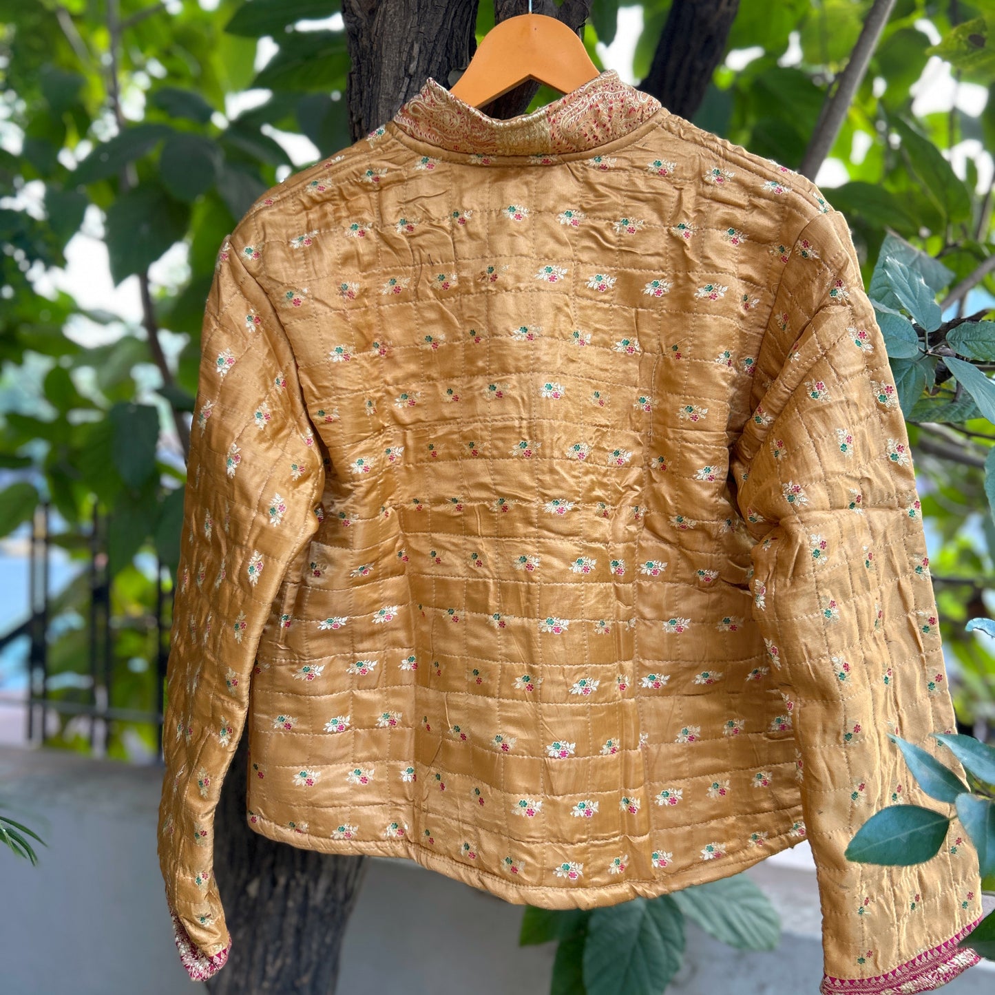 Dull yellow winter old saree jacket