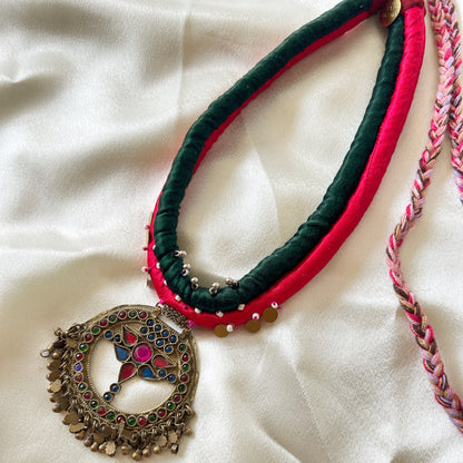 Afghan pendant with Green & pink cord - necklace