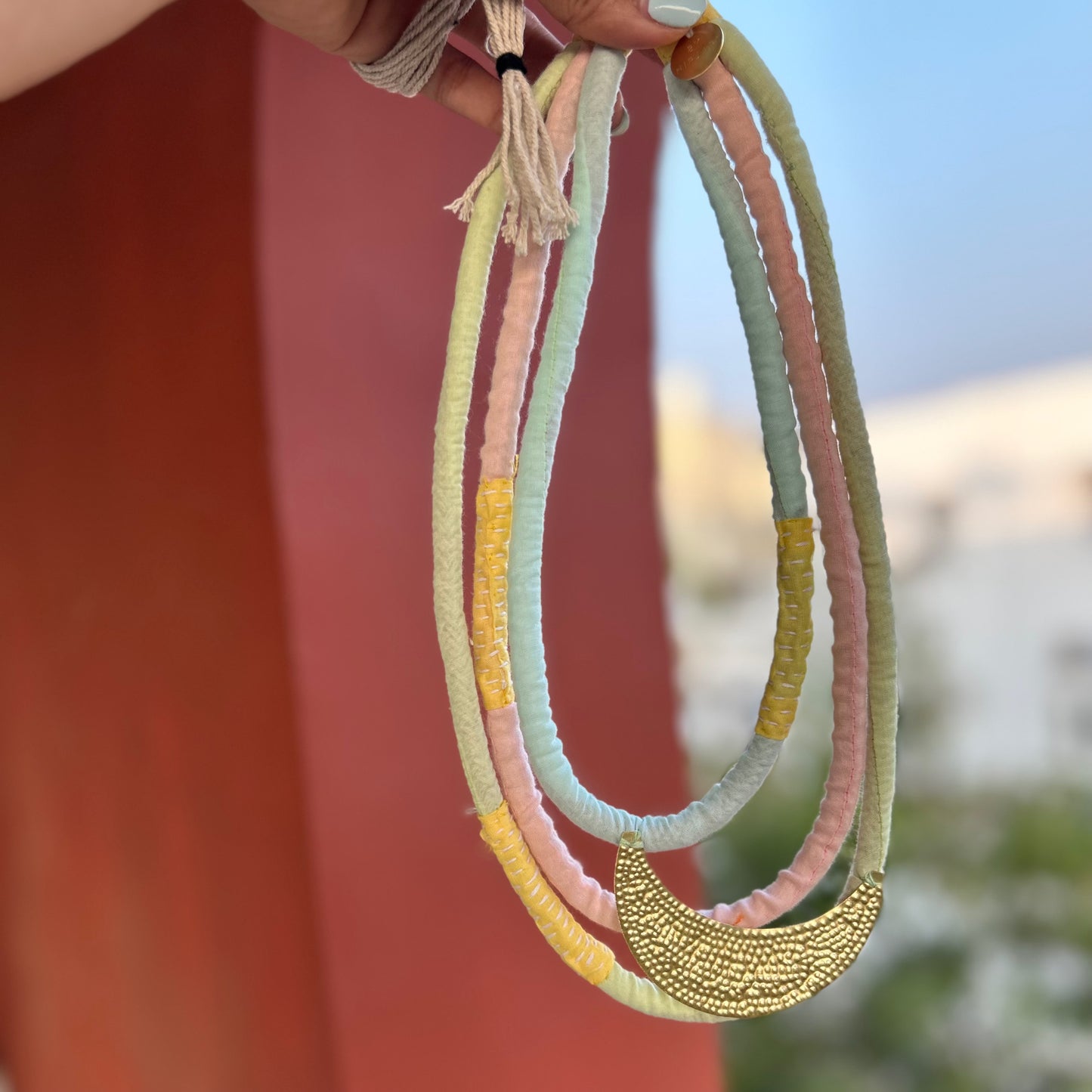 Three layered brass moon pastel necklace