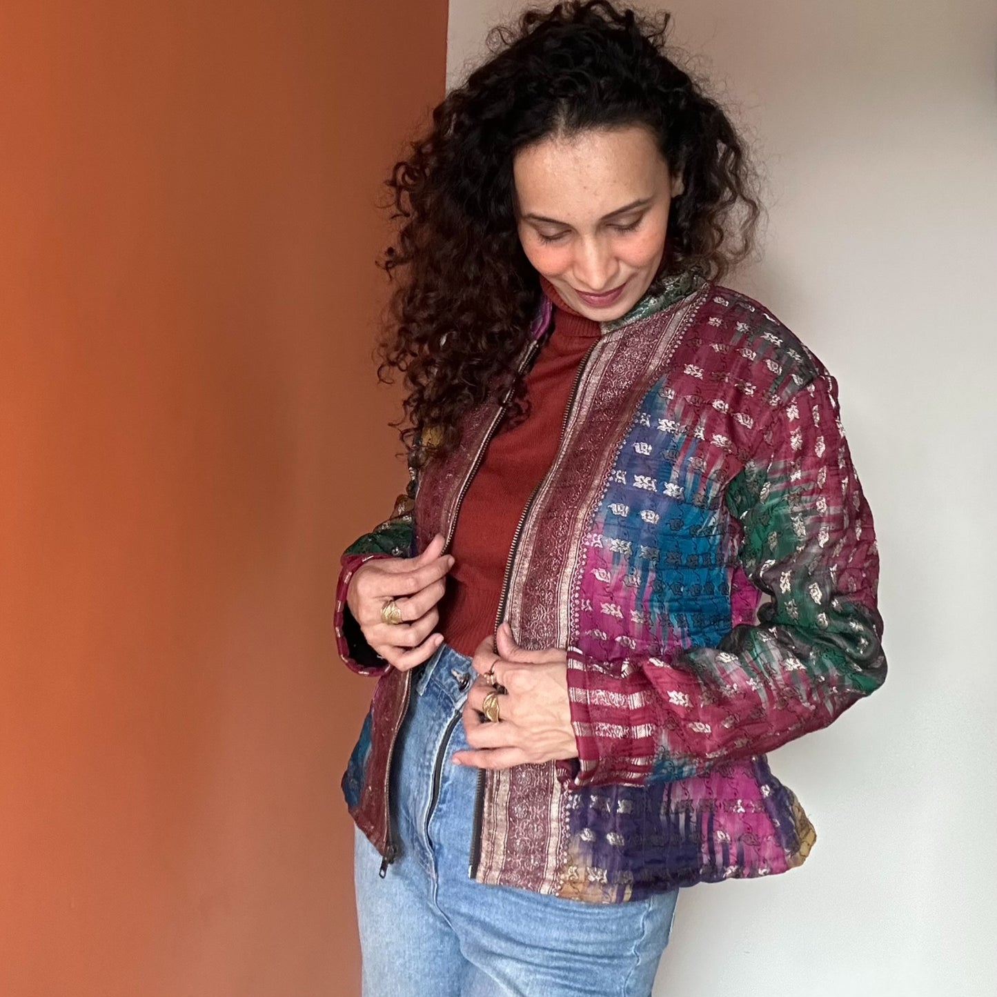 Multi color winter old saree jacket