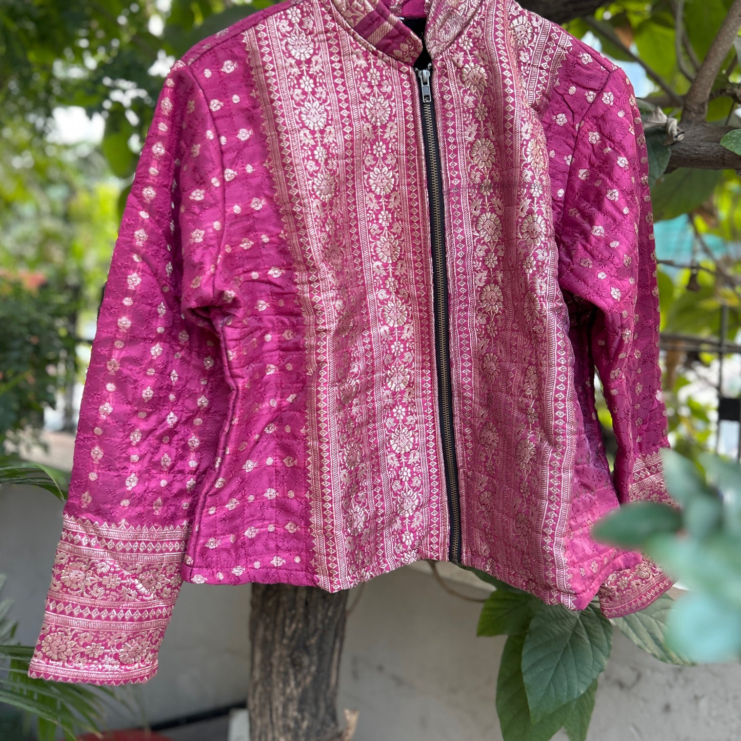 Dull pink winter old saree jacket