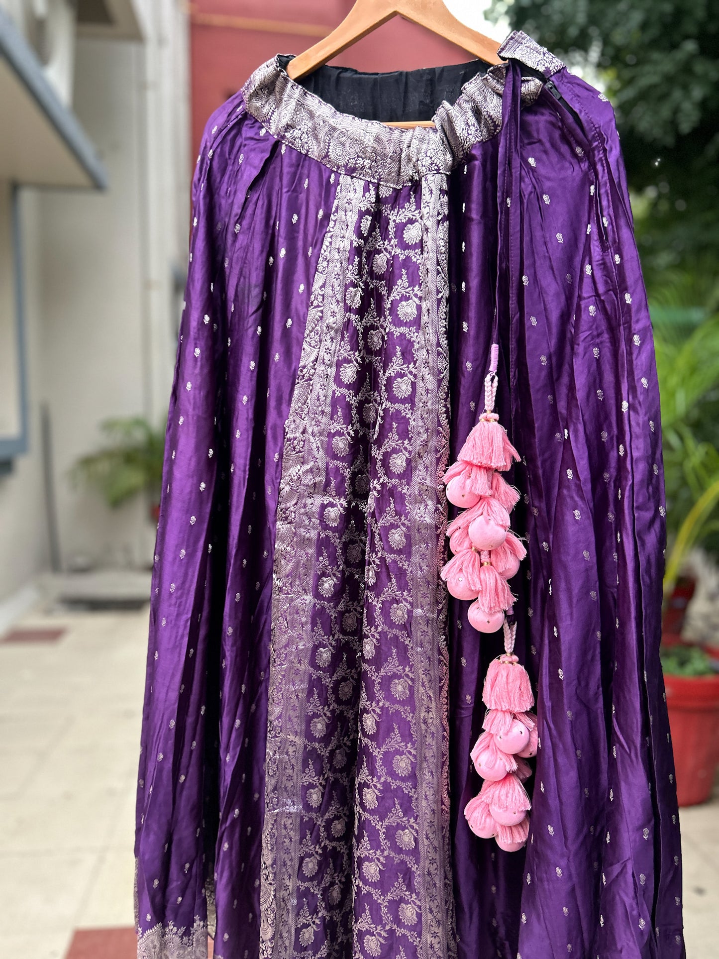 Purple with all over dainty motifs old saree skirt