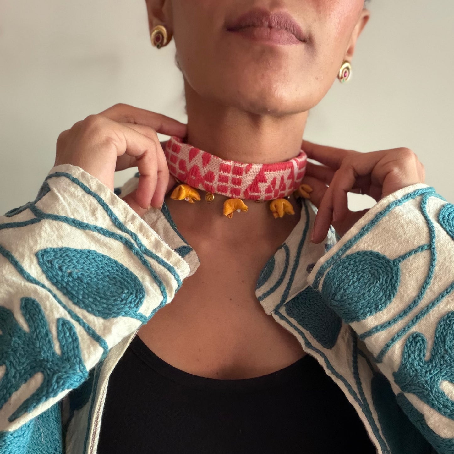 Orange white jacquard choker