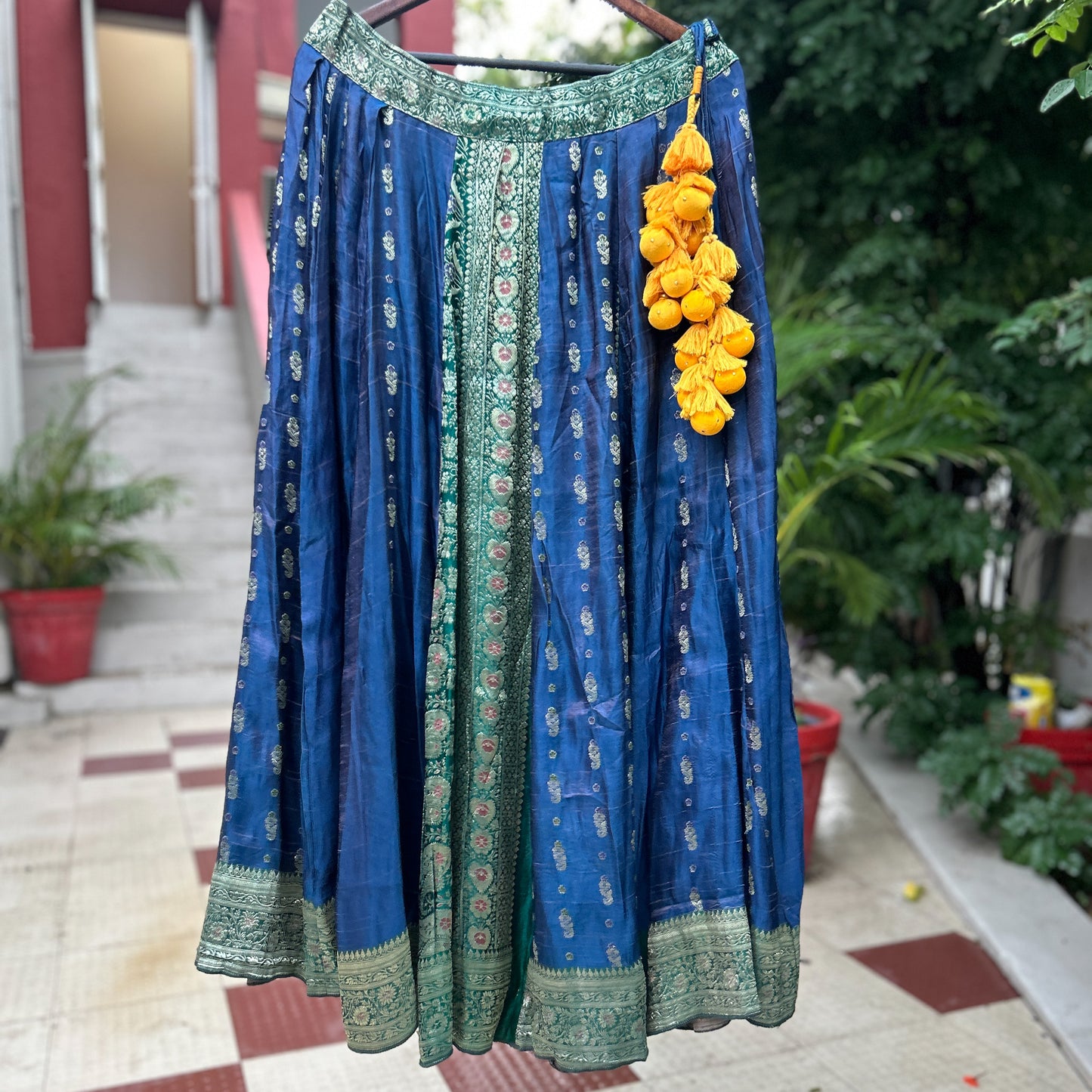 Royal blue with a hint of green old saree skirt