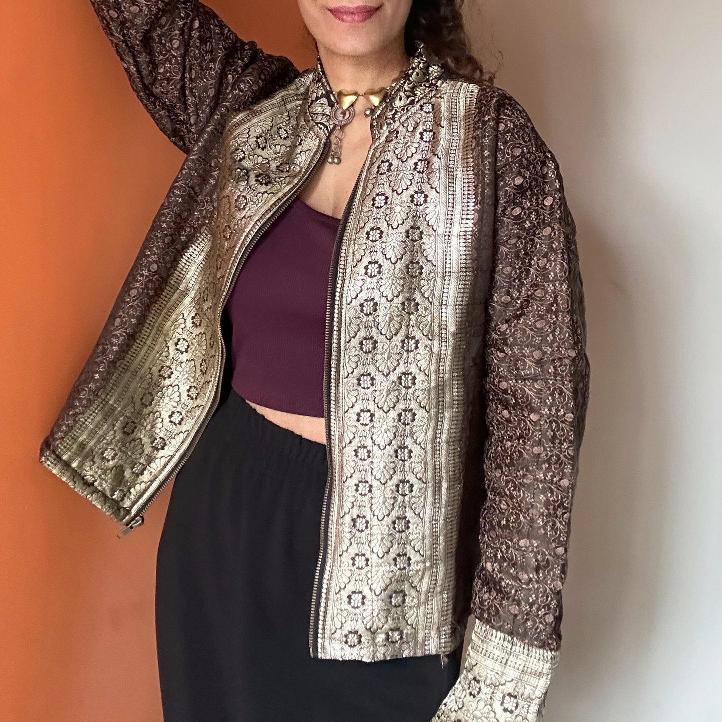 Brown gold winter old saree jacket