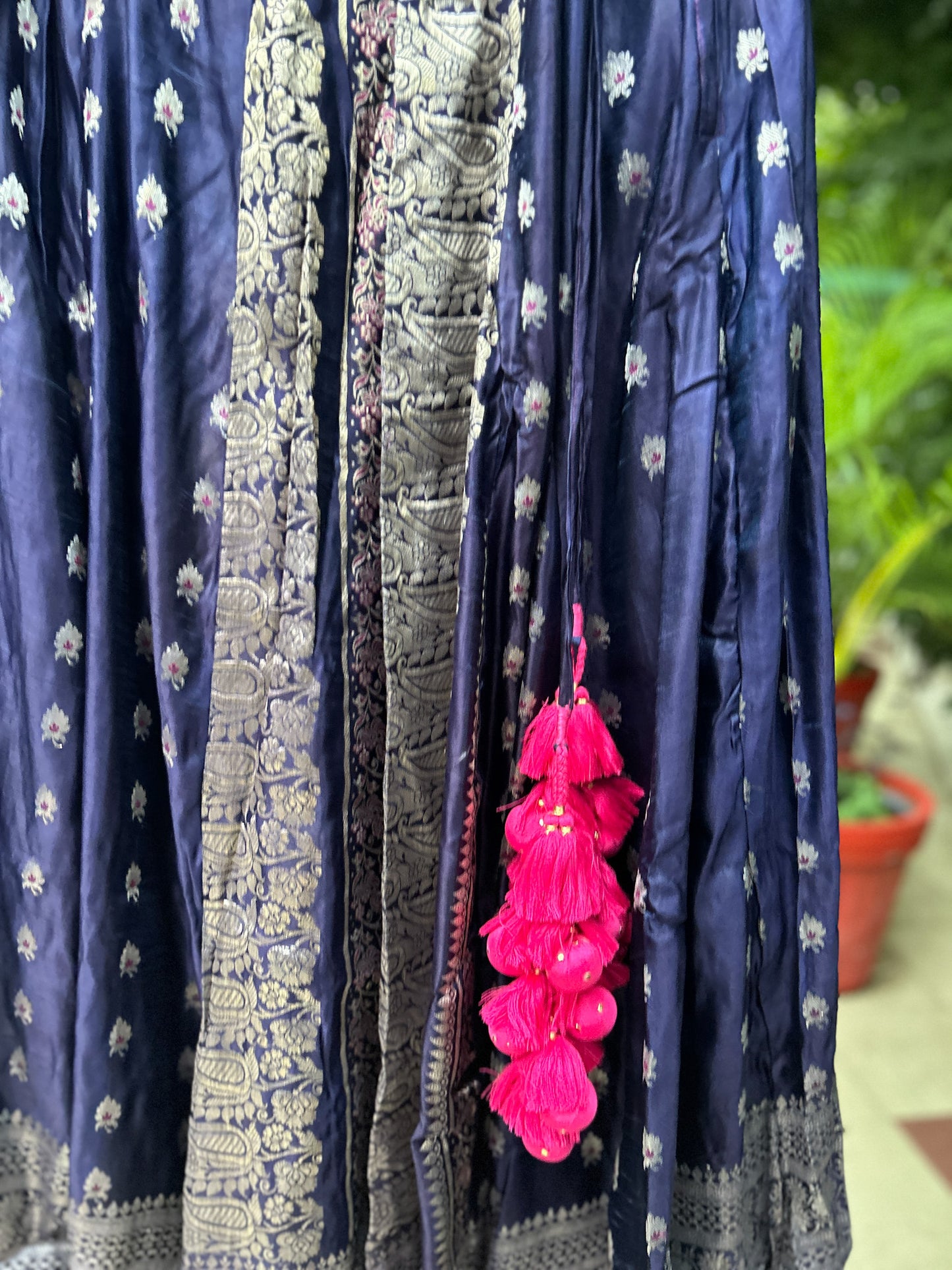 Two tone blue & purple with all over motifs old saree skirt