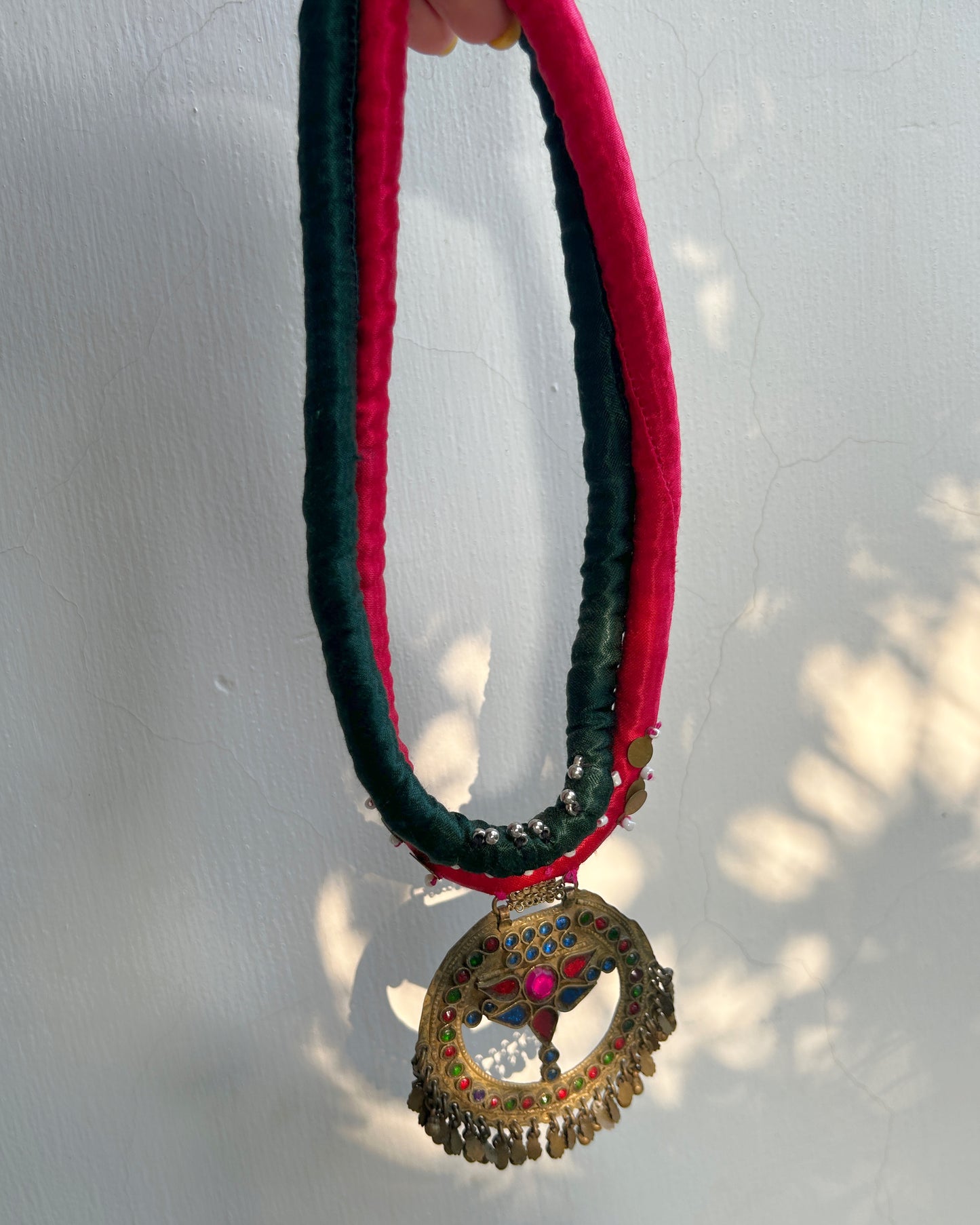 Afghan statement round necklace - Green Pink cord