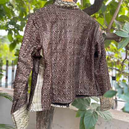 Brown gold winter old saree jacket