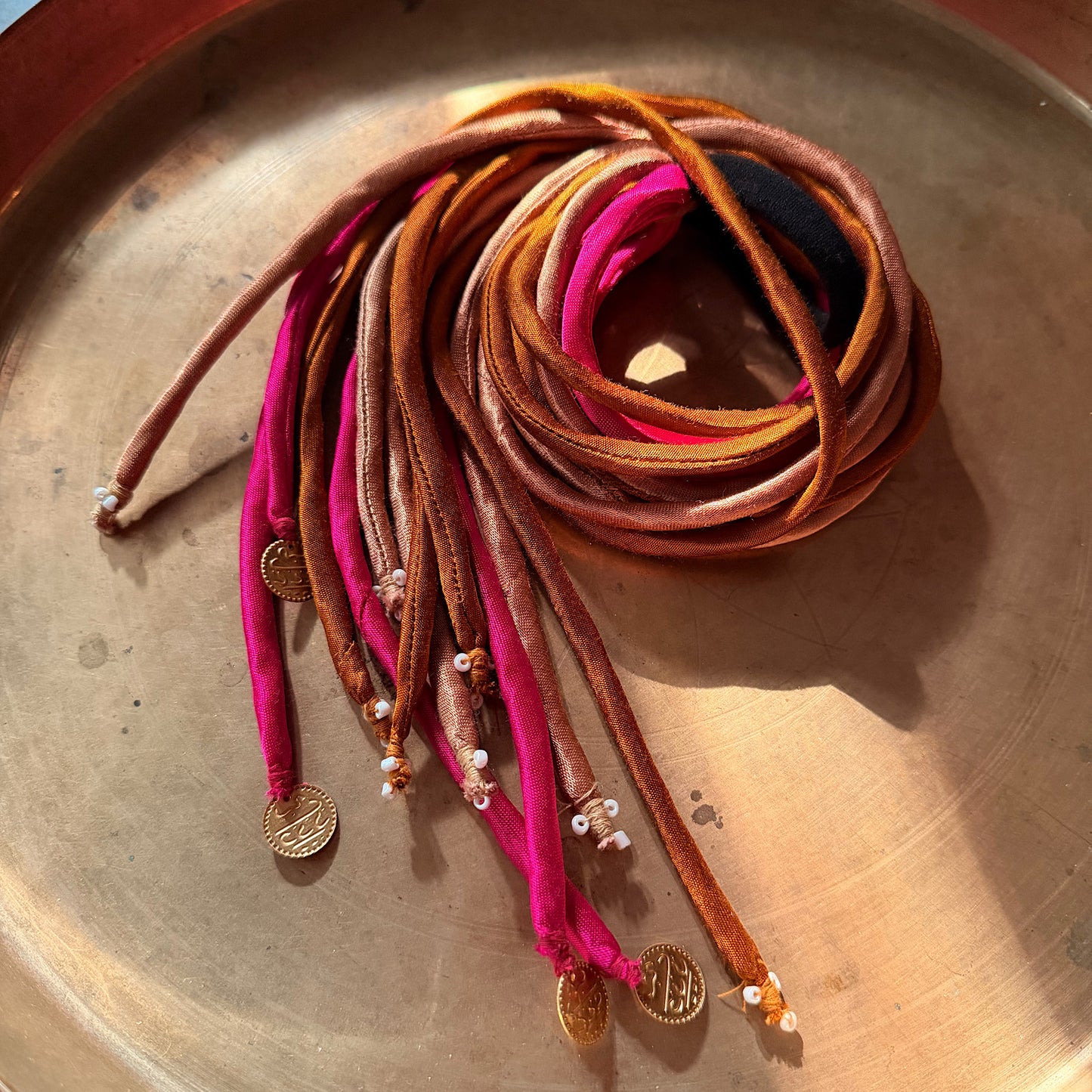 Silk gold pink hair strings 21 inch