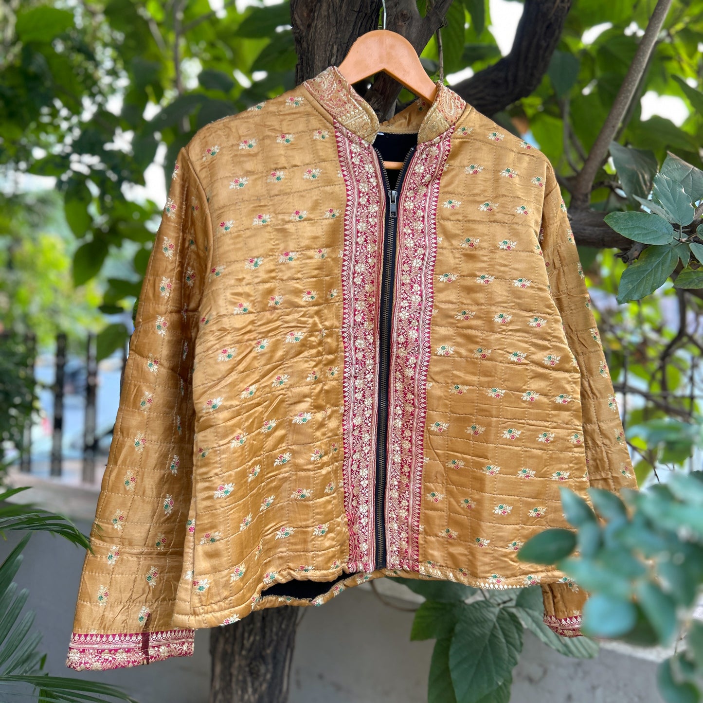 Dull yellow winter old saree jacket