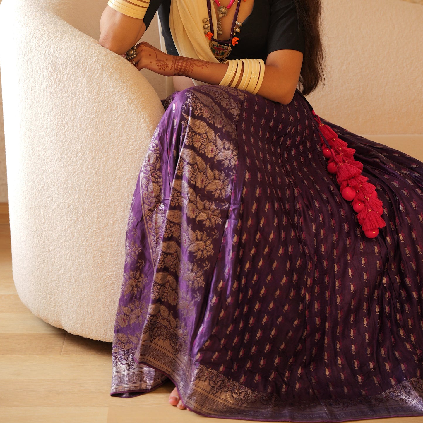 Purple silver old saree skirt 1