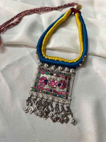 Afghan statement necklace - Yellow blue