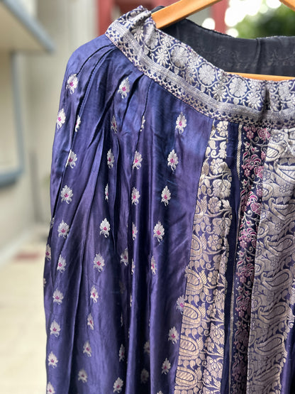 Two tone blue & purple with all over motifs old saree skirt