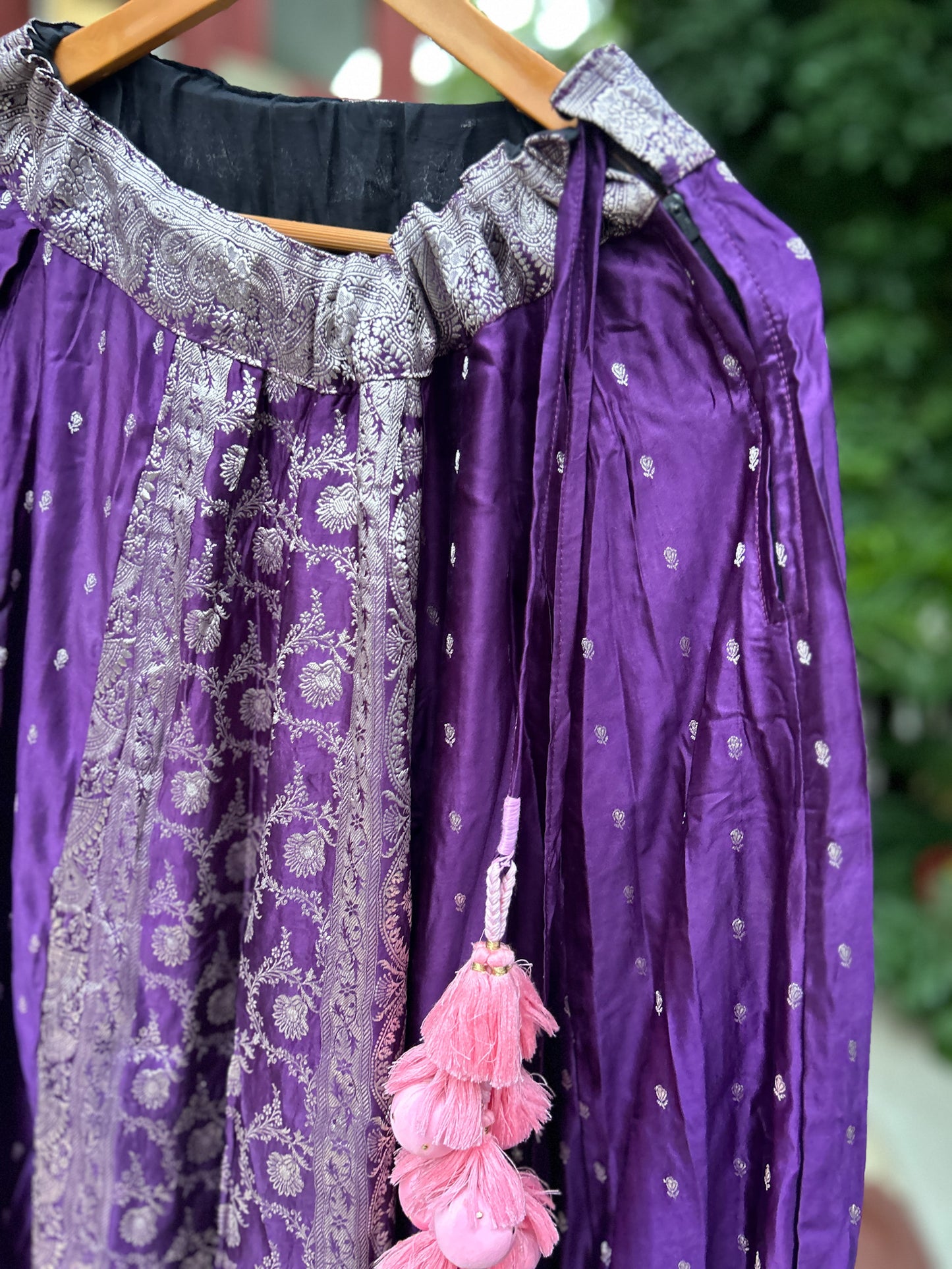 Purple with all over dainty motifs old saree skirt