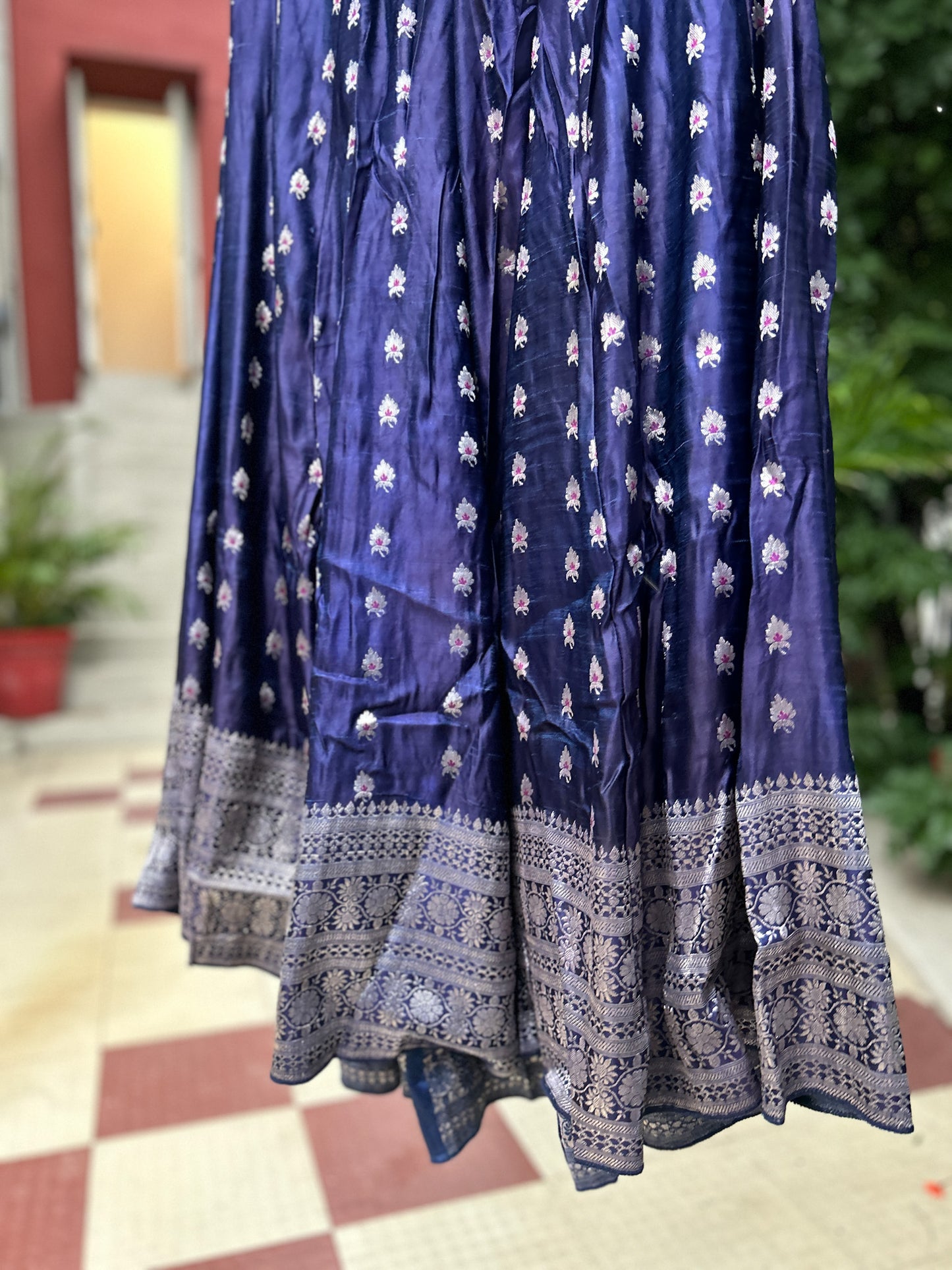 Two tone blue & purple with all over motifs old saree skirt