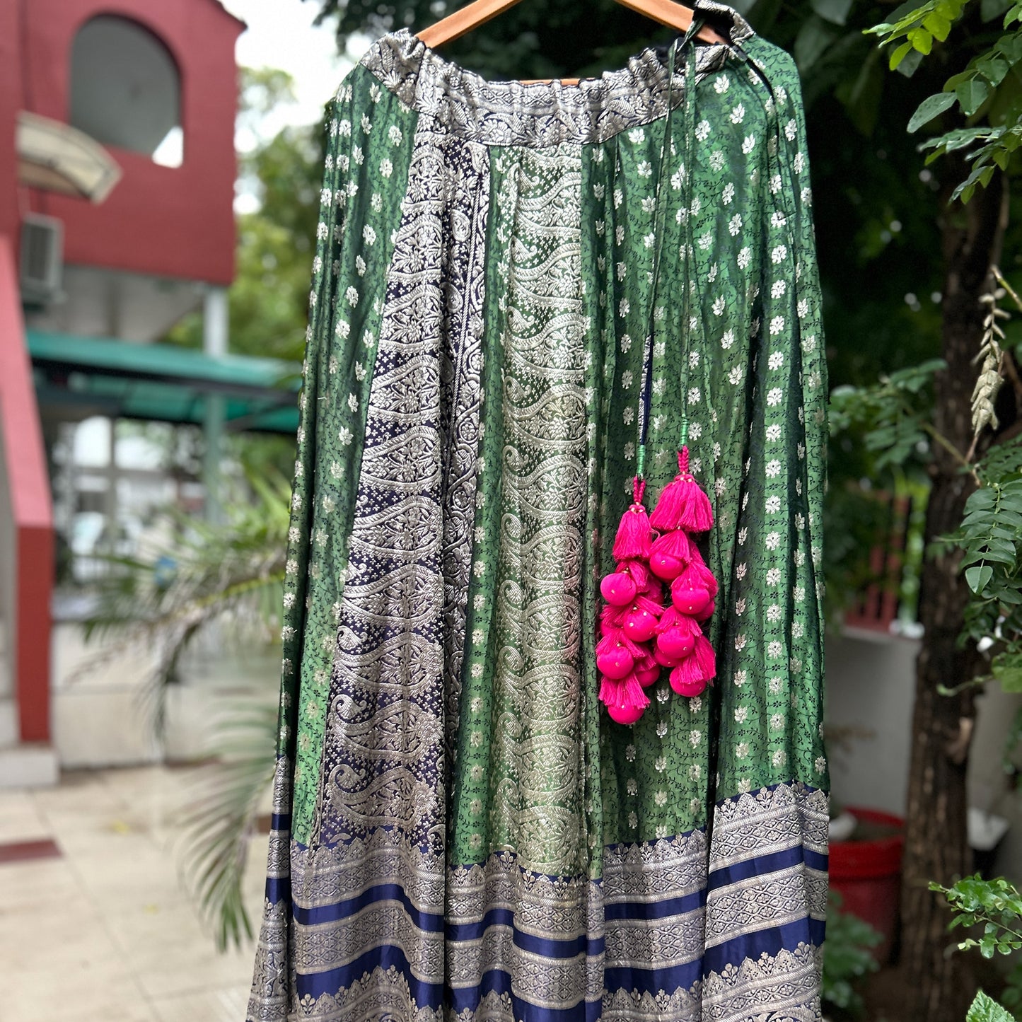 Green blue old saree skirt 2