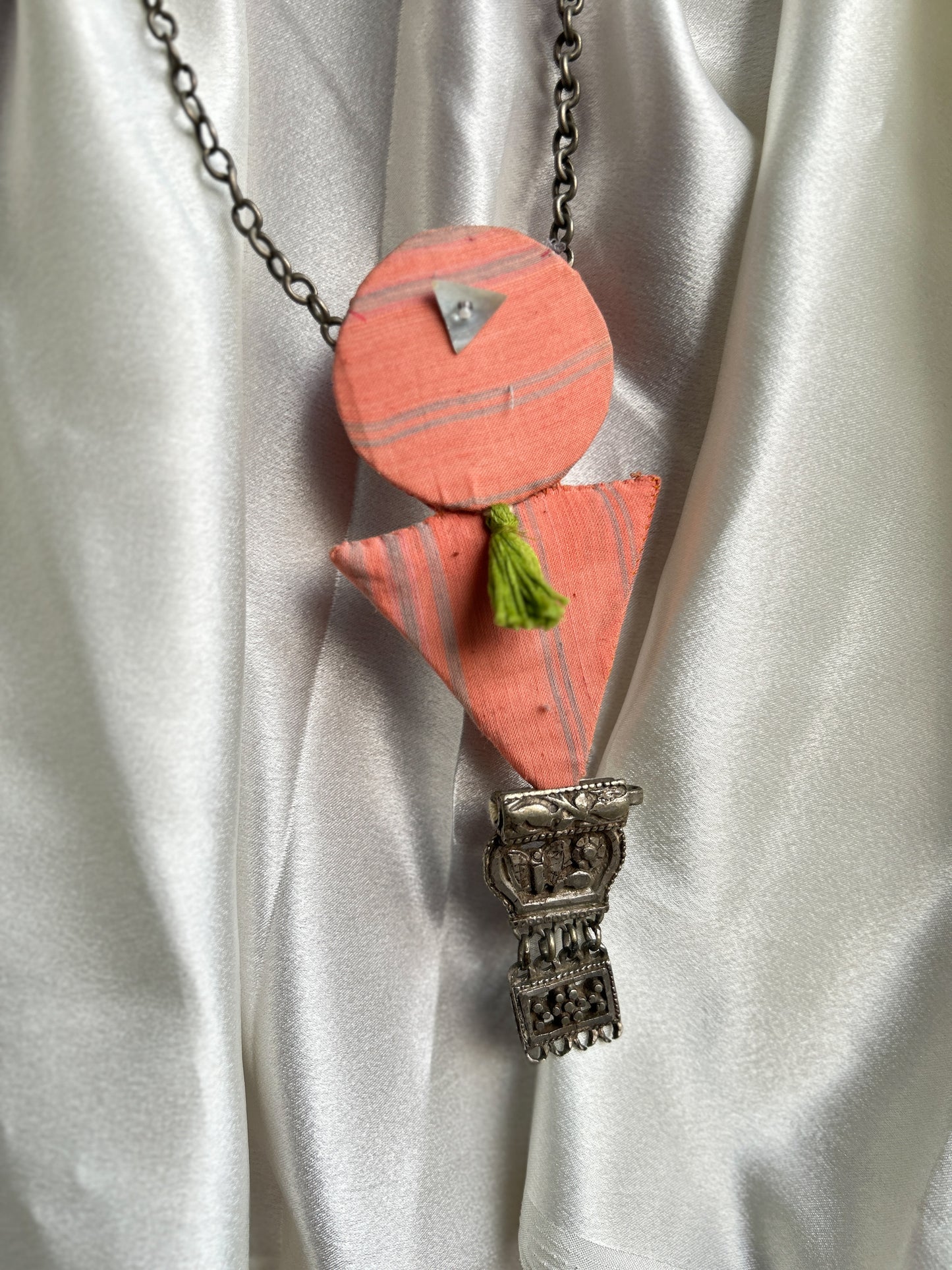 Aakar orange green tassle square pendant necklace