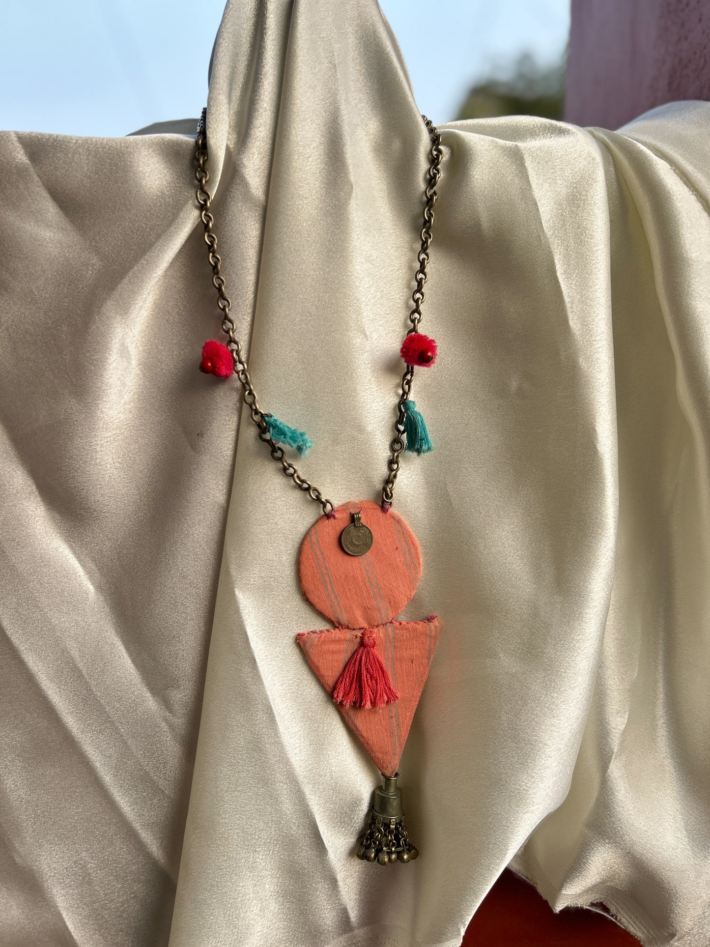 Aakar orange blush pink & turquoise tassle necklace