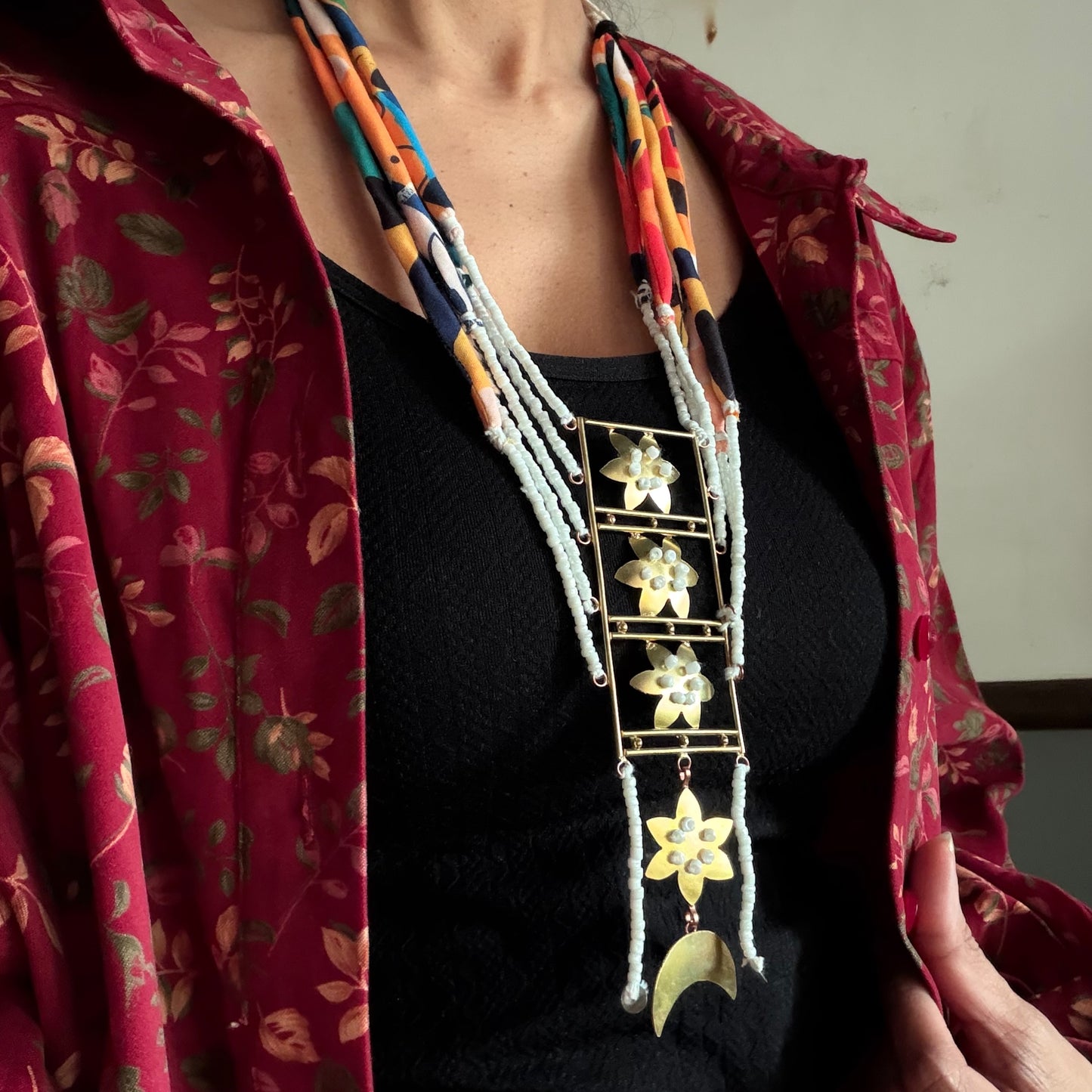 Brass Flower layered striped necklace