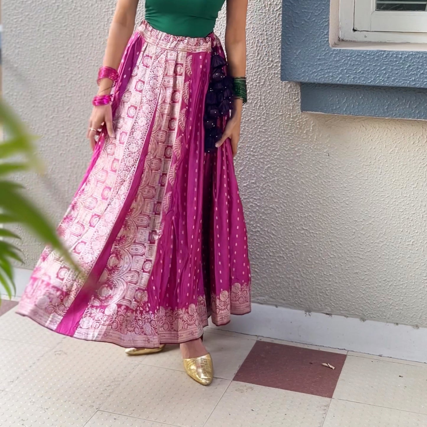 Pink & silver old saree skirt 2