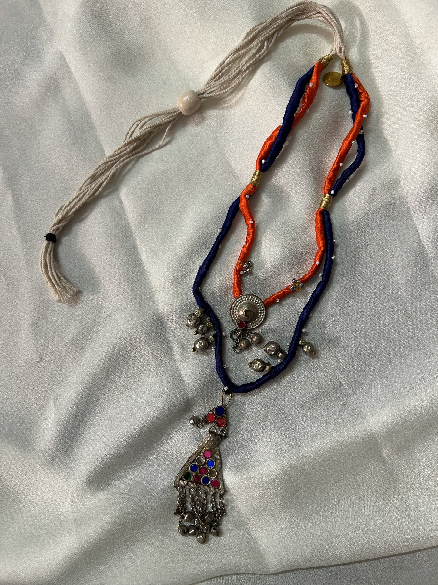 Triangle layered Afghan necklace - Orange Blue