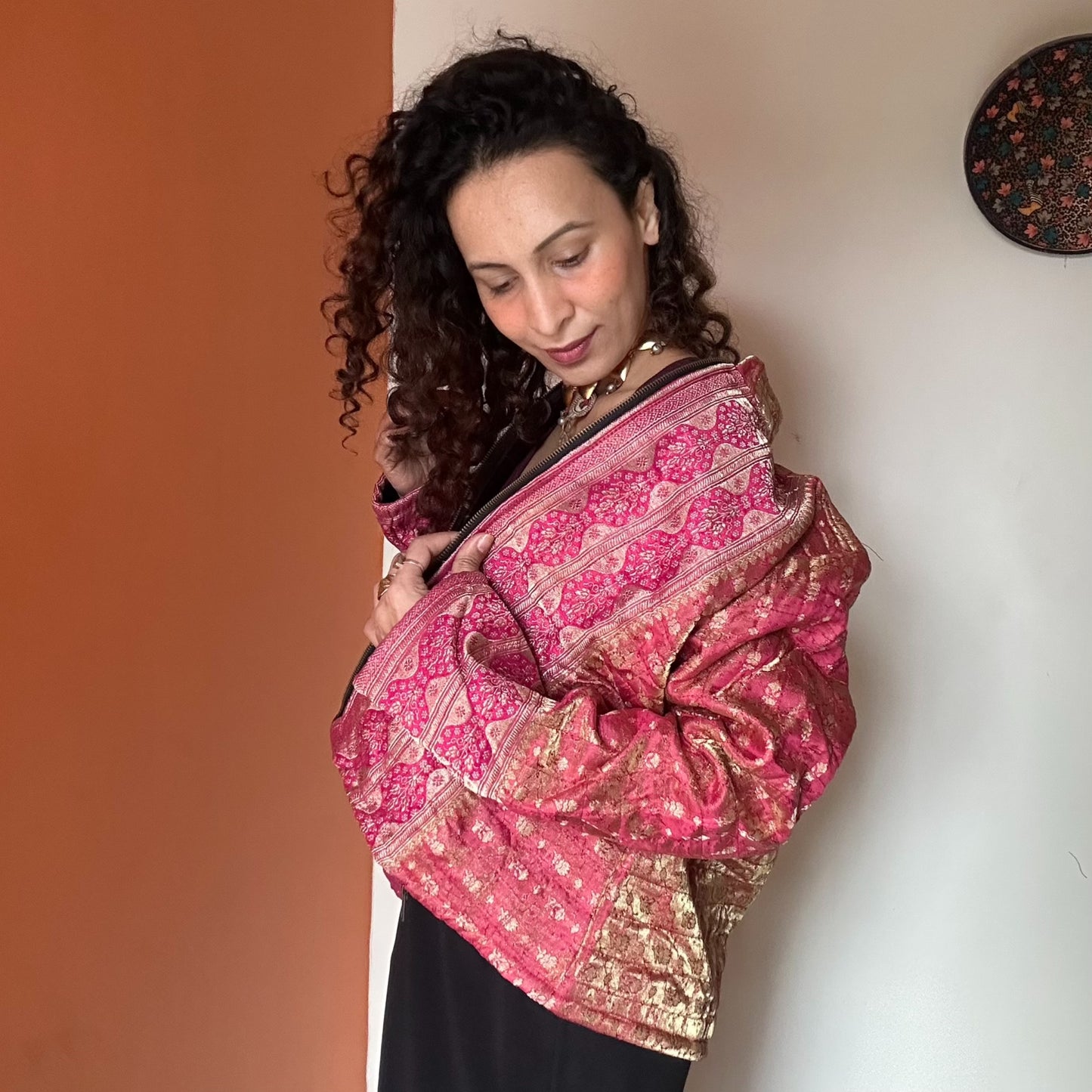 Blush pink winter old saree jacket