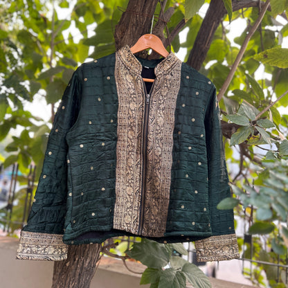 Dark green winter old saree jacket