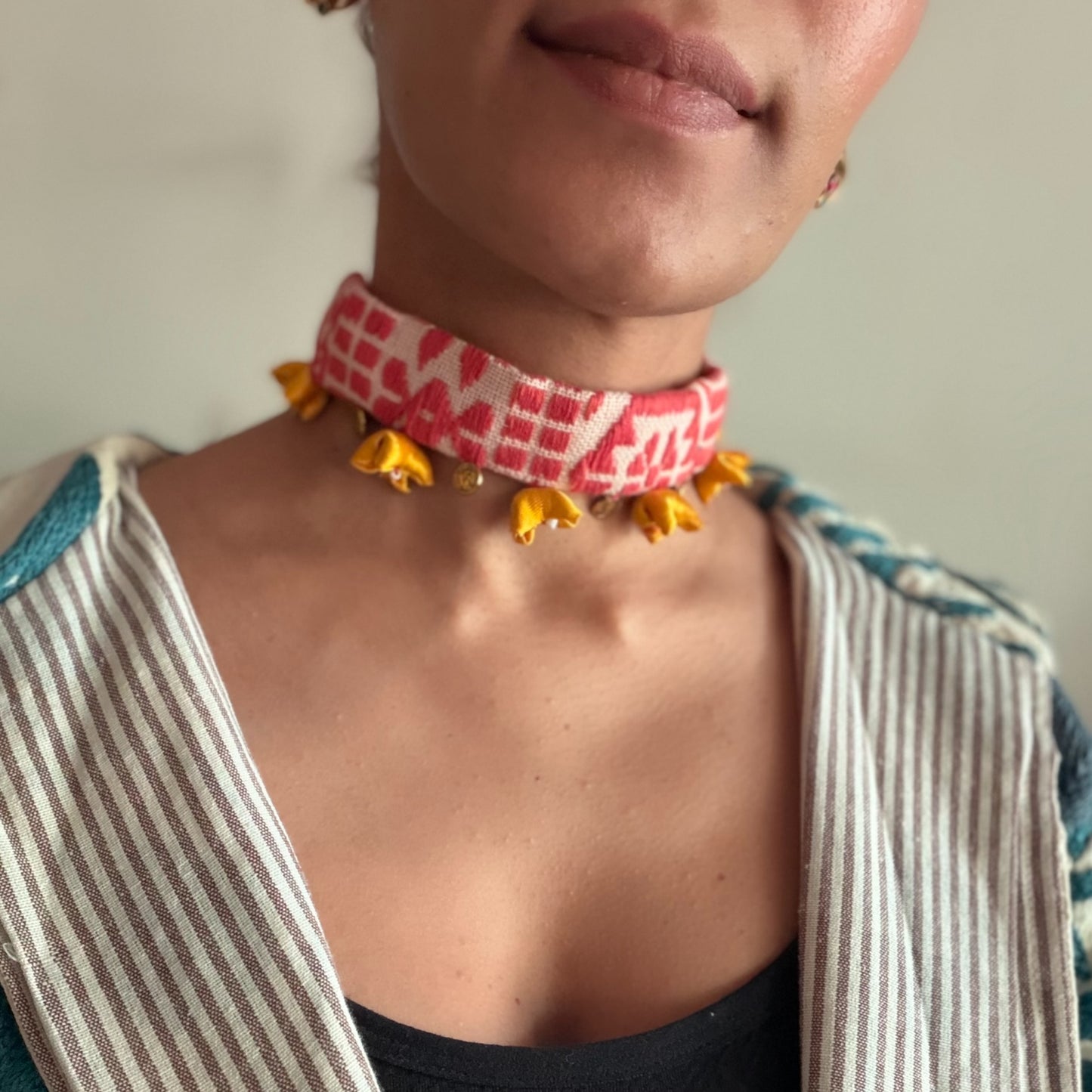 Orange white jacquard choker
